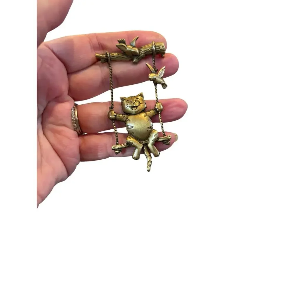 Whimsical JJ Cat on Swing Brooch Dangling Bird Gold Tone Vintage Figural